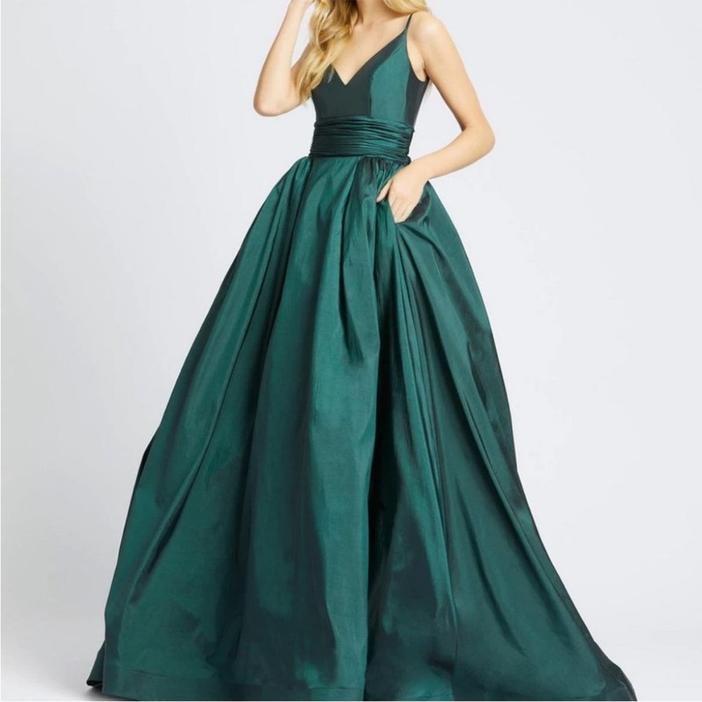 Mac Duggal Satin V-Neck Empire Ball Gown